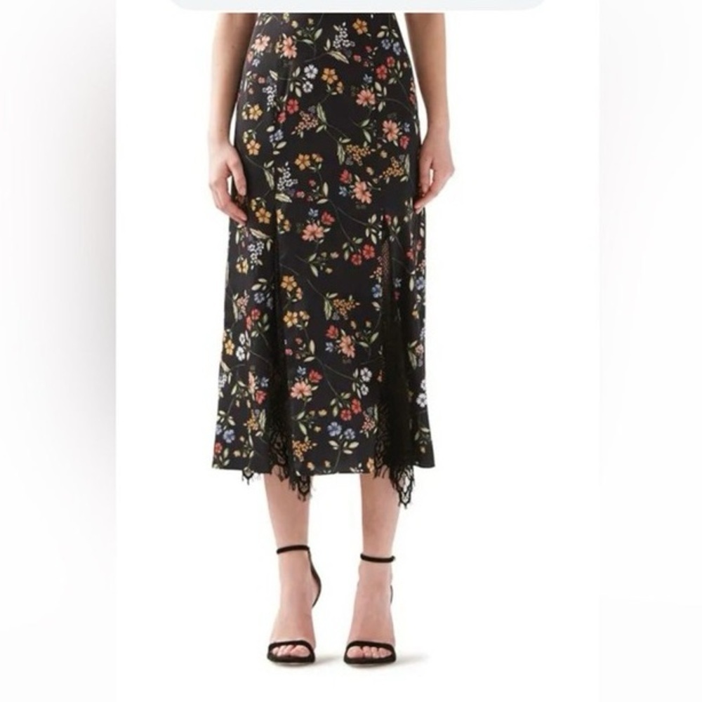 ML MONIQUE LHUILLIER smock waist floral midi skirt with lace detail size 2